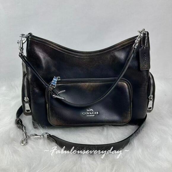 Coach Handbags - Coach Laurel Shoulder Bag With Pockets In Loved Leather/Silver/Black Brow CES84